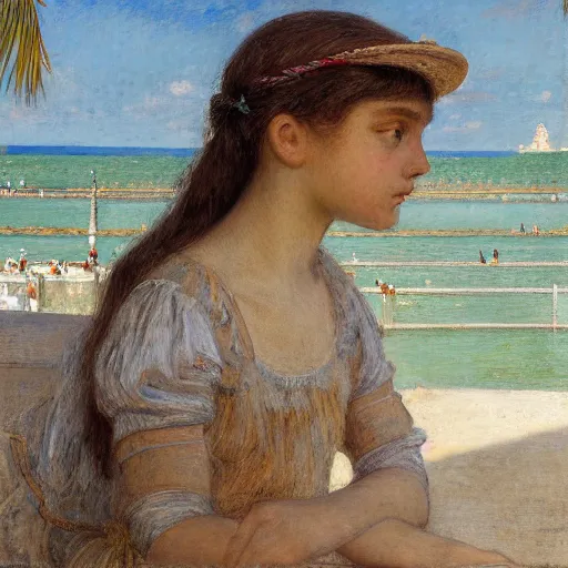 Image similar to a ultradetailed beautiful painting of a girl in the amazonas palace balustrade designed by jules bastien - lepage, hans belmer, frank weston and gustave baumann, beach, trending on artstation, mediterranean, palm trees, detailed face, sharp focus, soft light, 8 k 4 k