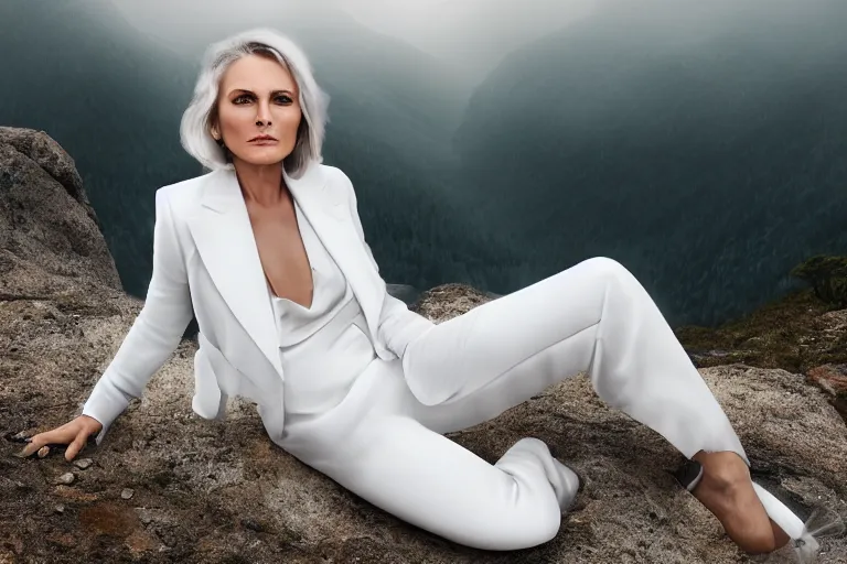 Image similar to a cinematic headshot portrait of a beautiful middle aged woman, wearing futuristic white suit on the top of a mountain, overlooking a vast serene forest, large diffused light, neon light, 4 k, ultra realistic, dramatic lighting, rain, clouds, fog, vogue, fashion, glamour, magazine spread, by marco mazzoni and jessica rossier