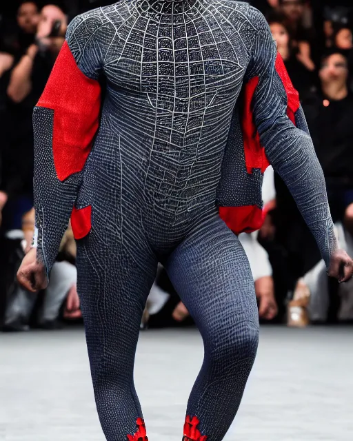 Prompt: hyperrealistic and heavy detailed 2321s Yeezy runway show of spiderman, Leica SL2 50mm, vivid color, high quality, high textured