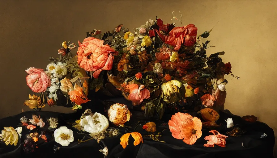 Prompt: beautiful disturbing dutch golden age bizarre floral still life with toes sprouting up everywhere by rachel ruysch black background chiaroscuro beautiful dramatic lighting perfect composition high definition 8 k 1 0 8 0 p