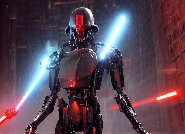 Image similar to 3 5 mm portrait photo of ( general grievous )!! with heavy duty biomechanical cybernetic body with 4 arms holding red lightsabers in the city in the rain. cyberpunk horror in the style of george lucas. unreal engine render with nanite and path tracing.