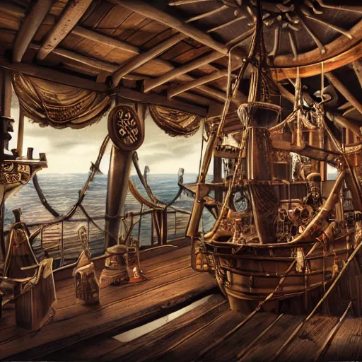 Image similar to interier view of award - winning pirate themed escape room set on the top deck on pirate ship from 1 7 2 0. steampunk. trending on artstation, realistic.