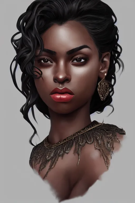 Prompt: A bust of a beautiful dark skinned Dominican Republic girl with large lips and smooth eyebrows and straight hair, HD, illustration, epic, fantasy, intricate, elegant, amazing detail, digital painting, artstation, concept art, smooth, sharp focus, illustration