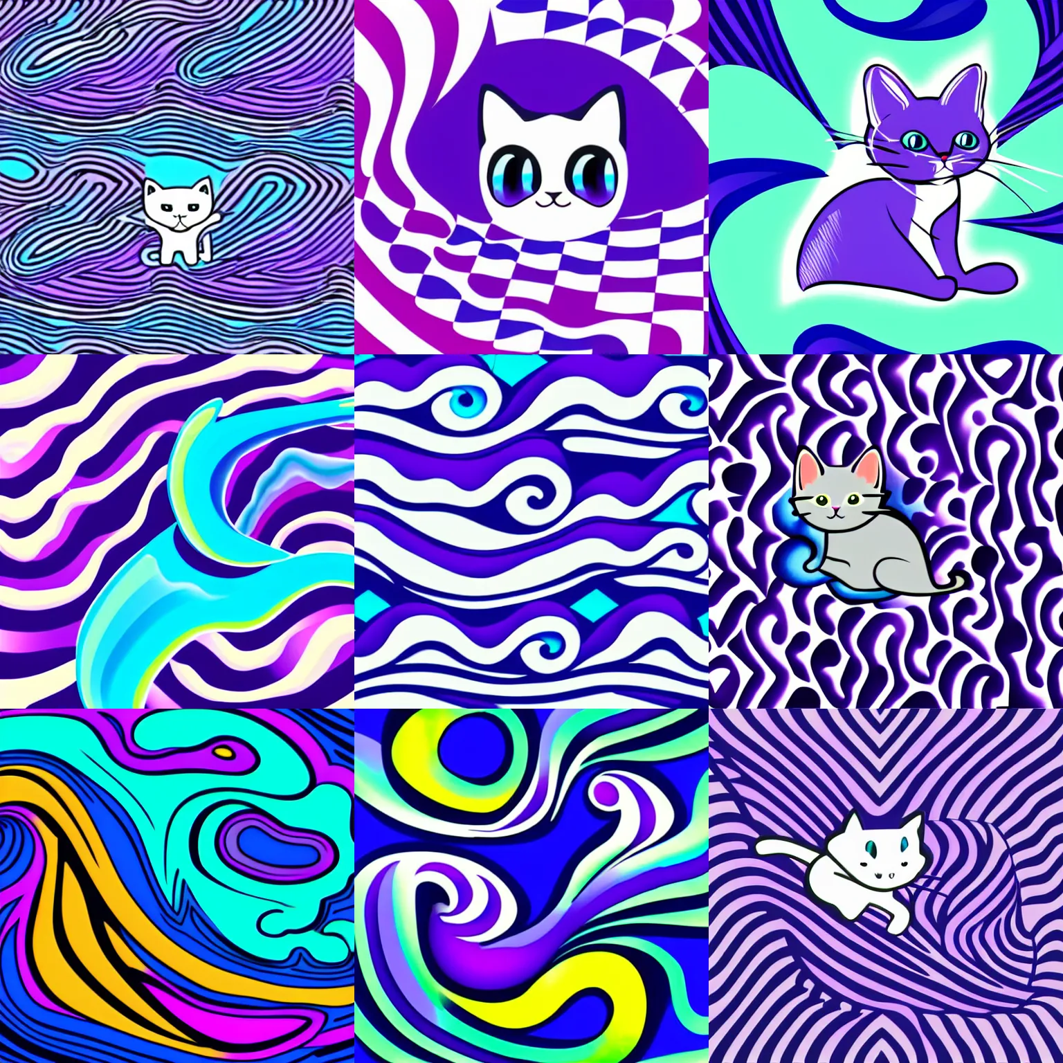 Prompt: airbrush illustration of a wave in the shape of a cartoon cat in front of a blue and purple swirling checkerboard pattern,