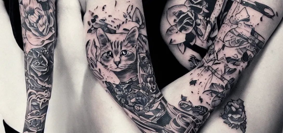 Image similar to a beautiful cat girl with tattoos