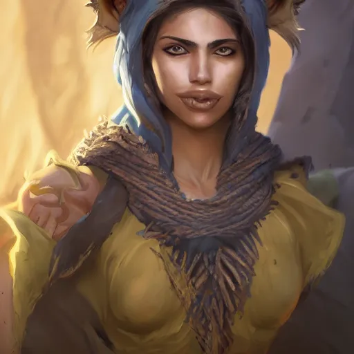 Image similar to portrait of young wild arabian nomad half werewolf, with yellow cloths, league of legends splash art, hearthstone splash art, full body shot, rule of thirds, ultrafine hyperrealistic detailed face, artgerm, greg rutkowski, trending on artstation, 8 k, intricately detailed, highly detailed