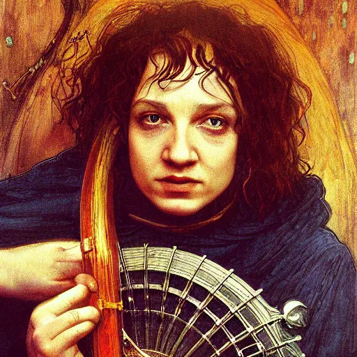 Image similar to half length portrait of billie ellish as a hobbit bard playing the mandolin, d & d, medieval, fantasy, giger, royo, klimt, miro, vallejo, frazetta, alphonse mucha, greg rutkowski, whealan