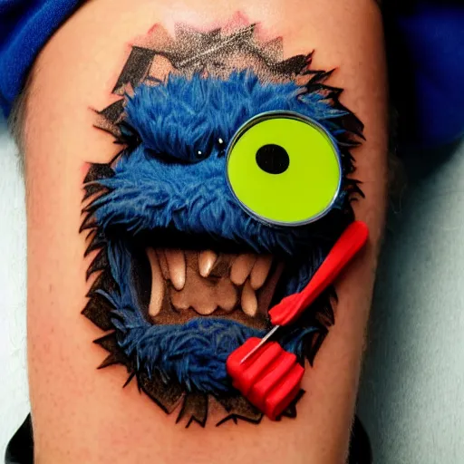 Image similar to Cookie monster as a rapper, grillz and face tattoo, sharp colors, by antgerm