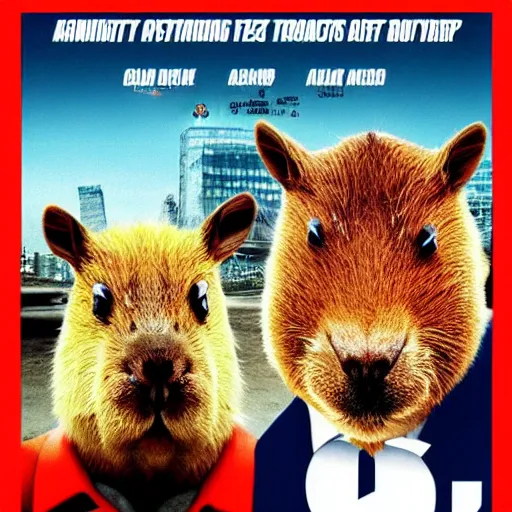 Image similar to movie poster about capybaras dressed as policemen, action movie poster, capybara policemen