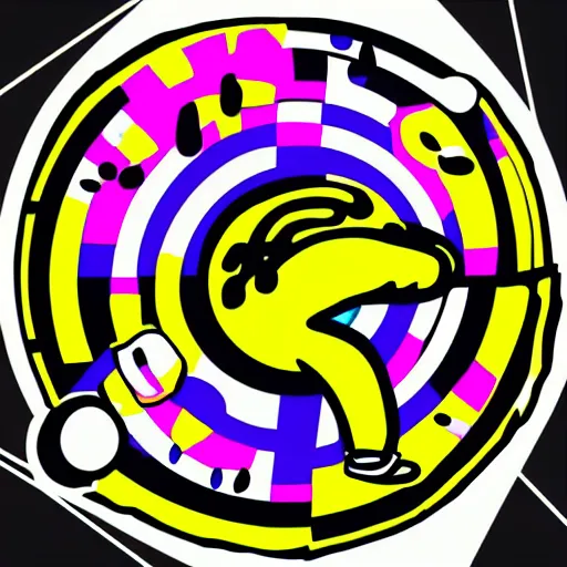 Prompt: svg sticker of a Dancing-Banana, at a rave, spinning records, giant headphones rocking out, wearing headphones, huge speakers, dancing, rave, DJ, spinning records, digital art, amazing composition, rule-of-thirds, award-winning, trending on artstation, featured on deviantart