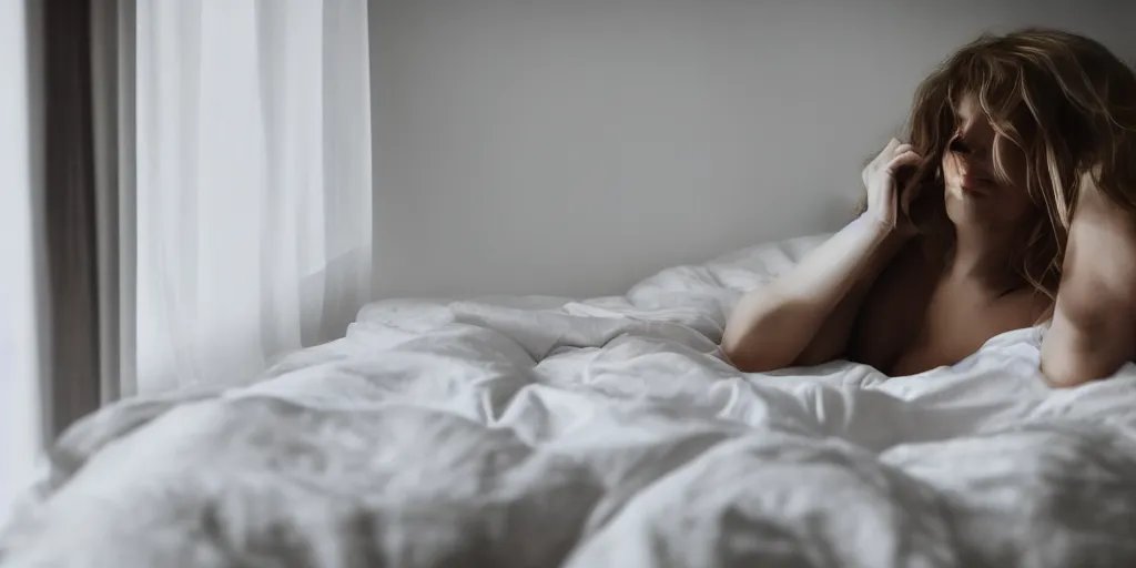 Image similar to woman sitting on bed, looking out the window, minimalistic room, soft light coming from outside, cold atmosphere, color, white walls, dramatic lighting, medium closeup, shot by fincher