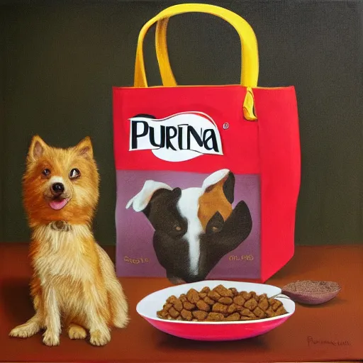 Prompt: bag of purina dog food surrealist painting