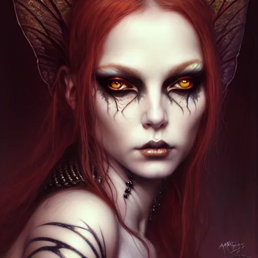 Image similar to portrait of a faerie queen grim dark, dark, piercing eyes, exotic expression, esoteric clothing, photorealistic, highly detailed, mysterious lighting, artstation, smooth, sharp focus, art by michael whelan, artgerm, greg rutkowski and luis royo