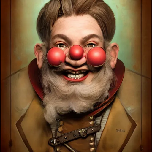 Image similar to 1800's vintage portrait of a grinning steampunk male gnome with big red nose, highly detailed, digital painting, art by Stanley Lau and Artgerm and magali villeneuve and Alphonse Mucha, artstation, octane render, cgsociety