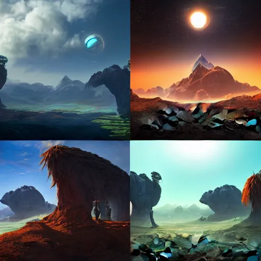 Prompt: a collage of four pictures with a man standing in the middle, a detailed matte painting by senior environment artist, behance, afrofuturism, matte painting, terragen, reimagined by industrial light and magic