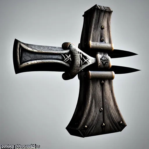 Image similar to Viking Battleaxe, Two Blades, Handle looks like a tree, blades bare the image of a wolf upon them, 3D render, fantasy weapon