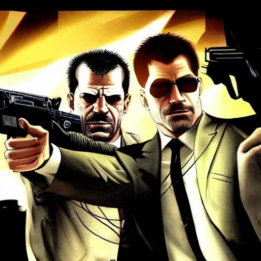 Image similar to max payne and jc denton from deus ex, buddy cop movie poster
