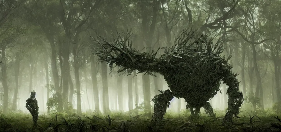 Image similar to a complex organic fractal 3 d metallic symbiotic ceramic humanoid megastructure creature in a swampy lush forest, foggy, sun rays, cinematic shot, photo still from movie by denis villeneuve