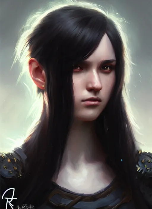 Image similar to a _ fantasy _ style _ portrait _ painting _ of young adult, black fringe hair, round face, rpg dnd oil _ painting _ unreal _ 5 _ daz. _ rpg _ portrait _ extremely _ detailed _ artgerm _ greg _ rutkowski _ greg