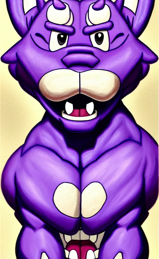 Image similar to painting of an anthropomorphic bulky muscular purple dog, furry style, wearing jeans, deviant art, fursona, professional furry drawing, insanely detailed, bulky dog face, detailed veiny muscles, exaggerated features, beautiful shading, huge white teeth, grinning, standing in a street, flexing and posing