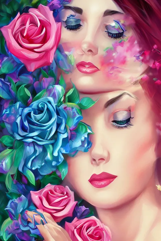 Image similar to beautiful digital painting elizabeth taylor and blue roses and rubies, by Georgia O\'Keeffe, Carmelo Blandino, Cyril Rolando, artstation, Behance, 4K,