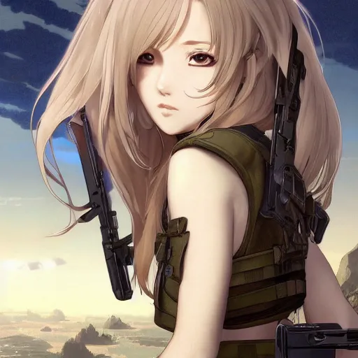 Prompt: soldier girl, anime style, long hair, hair down, symmetrical facial features, girls frontline cg, hyper realistic, pale skin, 4 k, rule of thirds, extreme detail, detailed drawing, trending artstation, hd, backpack, d & d, realistic anatomy, by alphonse mucha, greg rutkowski, sharp focus, backlit