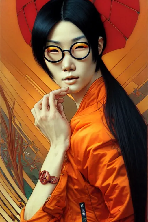Image similar to thin japanese woman with short black hair, thick round spectacles, wearing a bright orange bomber jacket, seductive communist dark fantasy, art by artgerm and karol bak and moebius and alphonse mucha and greg rutkowski, hyperdetailed, ultrarealistic, octane render