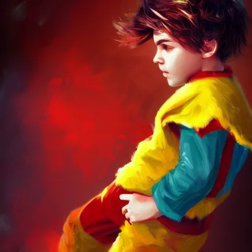Image similar to colorful and festive captivating young child boy, brown fluffy hair, wearing red and yellow hero suit, playing jokenpo. full body, rich vivid colors, ambient lighting, dynamic lighting, 4 k, atmospheric lighting, painted, intricate, highly detailed by charlie bowater
