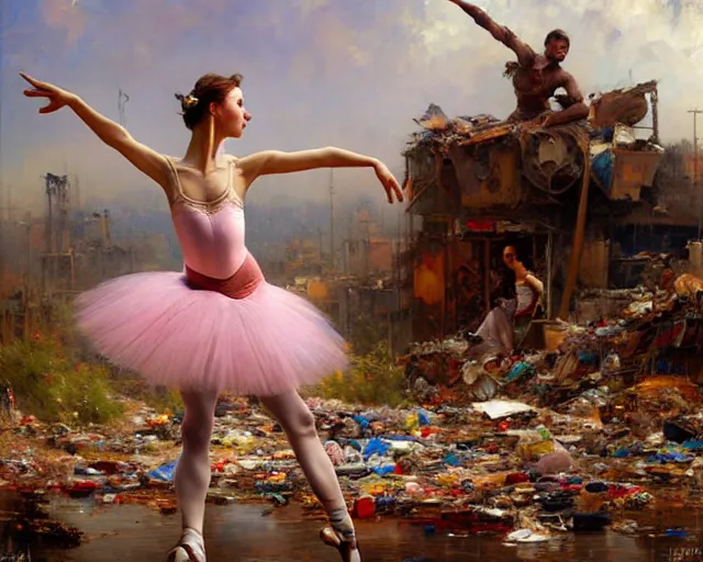 Image similar to a ballerina dancing at a rubbish dump. highly detailed painting by gaston bussiere, craig mullins, j. c. leyendecker 8 k