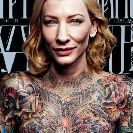 Image similar to full body tattooed cate blanchett, nose ring, 4k