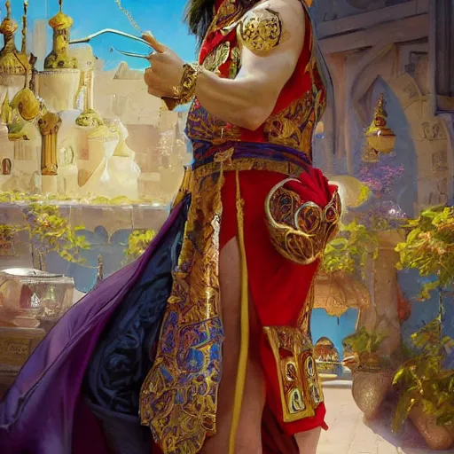 Image similar to charming tailor of middle - eastern descent, dressed in fine colorful robes and jewelry over fantasy armor, goatee, smirking, holding a magic needle, fantasy art by barret frymire by artem priakhin, art by artgerm and greg rutkowski and alphonse mucha, artstation, matte, illustration, intricate, highly - detailed high resolution