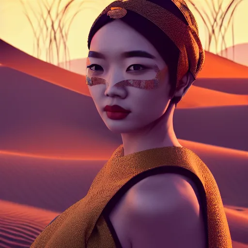 Image similar to innovative avant-garde art, deco fashion, asian women, highly detailed, photorealistic portrait, serene desert setting, golden hour, crisp quality and light reflections, unreal engine 5 quality render