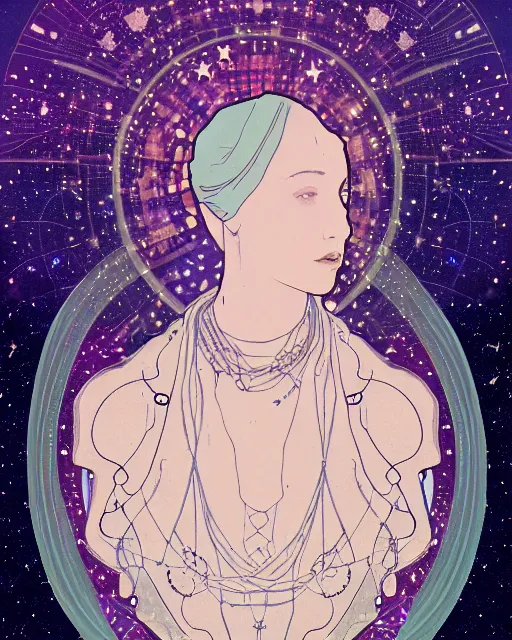 Prompt: a portrait of a galaxy as an androgynous druid spirit wearing a necklace of moons and stars, draped in transparent cloth, flat colors, occult, minimal, swirly, bust by alphonse mucha, decorative art deco border, astrophotography, vast cosmos, digital illustration overlayed on photography, trending on artstation