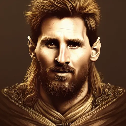 Image similar to Messi as a viking, closeup, D&D, fantasy, intricate, elegant, highly detailed, digital painting, artstation, concept art, matte, sharp focus, illustration, art by Artgerm and Greg Rutkowski and Alphonse Mucha