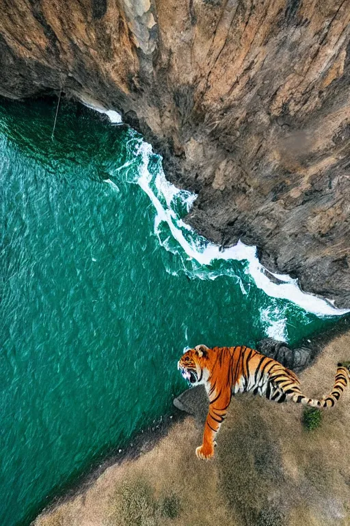 Prompt: realistic hairy tiger attached to a large open balloon parachute in the middle of the air jumping from a mountain cliff. photo captured by a drone. wide angles lens. epic