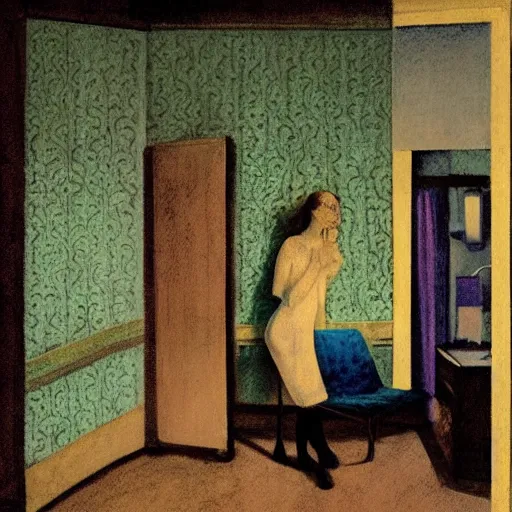 Image similar to a lonely girl in a liminal hotel room, baroque wallpaper, film still by kubrik, depicted by balthus, limited color palette, very intricate, art nouveau, highly detailed, lights by hopper, soft pastel colors, minimalist