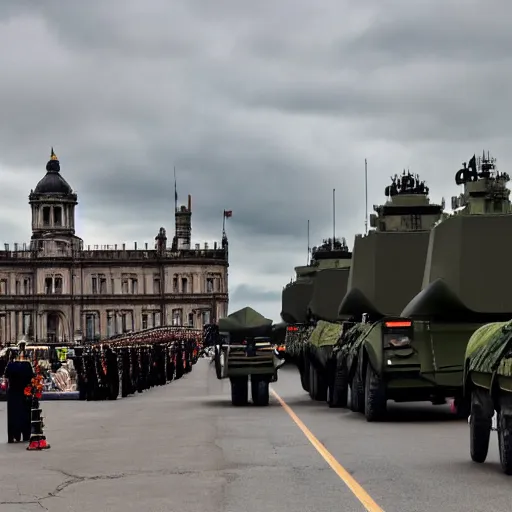 Image similar to queen victoria watching a parade of military vehicles, cloudy day