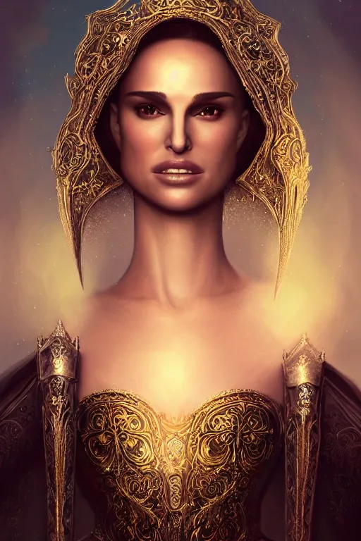 Prompt: Natalie Portman beautiful luxury and holy and victorian and divine young female medieval white armor, sexy, gold filigree, fantasy, intricate, elegant, highly detailed, digital painting, artstation, concept art, matte, sharp focus, sci-fi, fantasy, intricate complexity, human structure, hypermaximalist, sunset behind head, fantasy character concept, dynamic lighting, neon light, watermark, blurry, hyperrealism 8k, illustration, art by WLOP and Greg Rutkowski and Alphonse Mucha and Tian Zi and Craig Mullins, masterpiece, Refined, upscaled