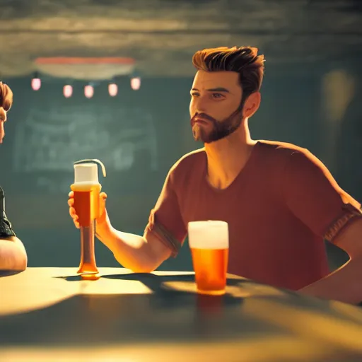 Prompt: cinematic scene with attractive male and another attractive male, shorts, drinking their hearts out, in the pub, high definition, very detailed, volumetric lighting, still frame