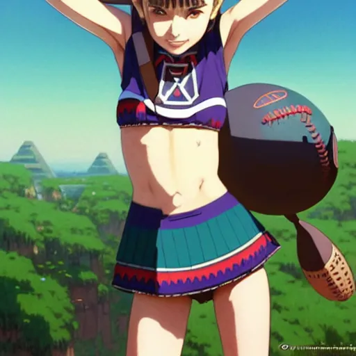 Image similar to beautiful boyish natalie portman alluring gravure model in majora's mask, wearing wooden mask and baseball cap and leotard, street wear with subtle mayan patterns, aztec bathing suit, gapmoe yandere grimdark, trending on pixiv fanbox, painted by greg rutkowski makoto shinkai takashi takeuchi studio ghibli, akihiko yoshida