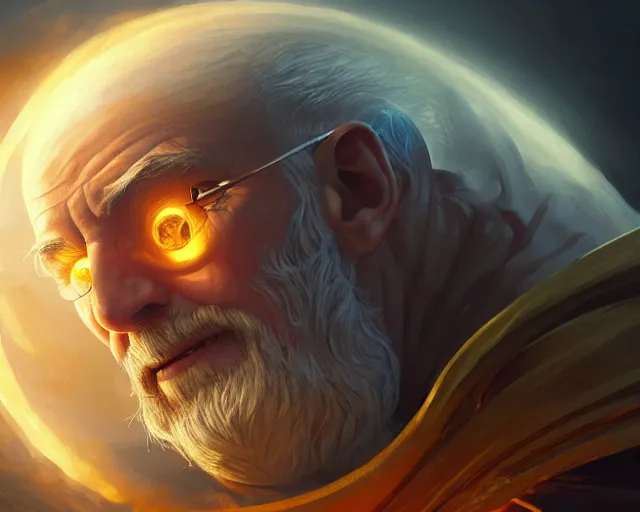 Image similar to old man creating a glowing orb, deep focus, d & d, fantasy, intricate, elegant, highly detailed, digital painting, artstation, concept art, matte, sharp focus, illustration, hearthstone, art by artgerm and greg rutkowski and alphonse mucha