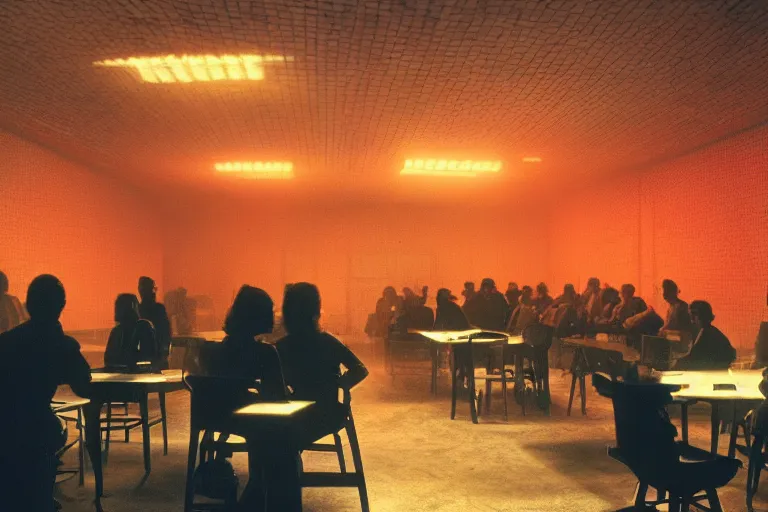 Prompt: a dark conference hall, half - occupied with people, atmospheric and obscure, red neon light, by roger deakins, cinematography, syd mead, dave mckean