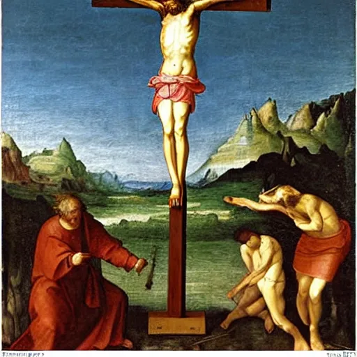 Image similar to Crucified Wasp on the Golgota, renaissance oil painting,