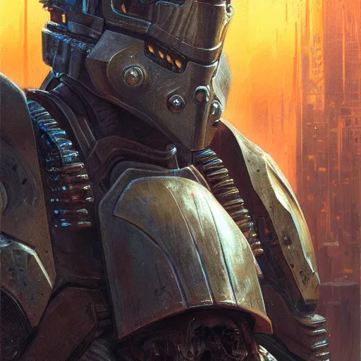 Image similar to the doomslayer as a realistic cyberpunk knight, closeup portrait art by donato giancola and greg rutkowski, realistic face, digital art, trending on artstation, symmetry!!, skull helmet