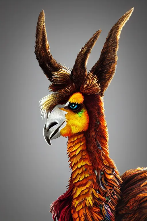 Prompt: portrait of an Anthro llama warrior, digital art, illustration, Unreal Engine, Concept Art, Proportional, magical, Navajo-Inspired, Stylized, Sun Conure, Strong Pose, wingless, head and shoulders, fierce eyes staring at the camera