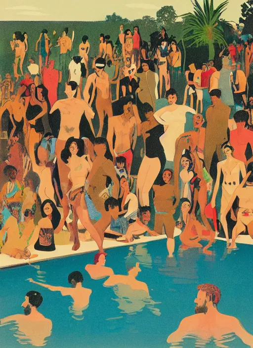 Image similar to composition by silm aarons poolside, a zoomed out portrait of a diverse group of people partying in diverse clothing in a scenic representation of mother nature and the meaning of life by billy childish, thick visible brush strokes, shadowy landscape painting in the background by beal gifford, vintage postcard illustration, minimalist cover art by mitchell hooks