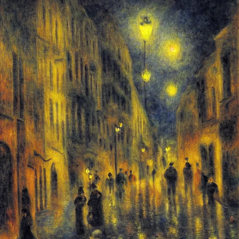 Prompt: beautiful painting of old Madrid street scene spooky dark fog in the moonlight fantasy renoir impressionist style