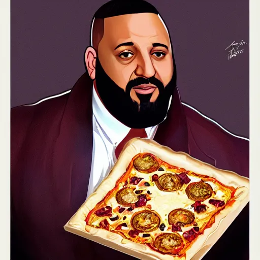 Prompt: portrait of DJ Khaled with wavy big hairstyle holding a pizza pie drooling as a Grand Theft Auto Cover, elegant, intricate, headshot, highly detailed, digital painting, artstation, concept art, sharp focus, illustration, art by artgerm and greg rutkowski and alphonse mucha