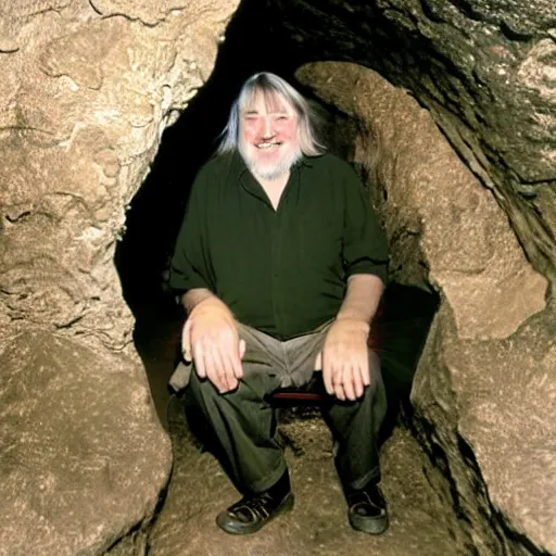 Prompt: laughing robert wyatt sitting in a cave