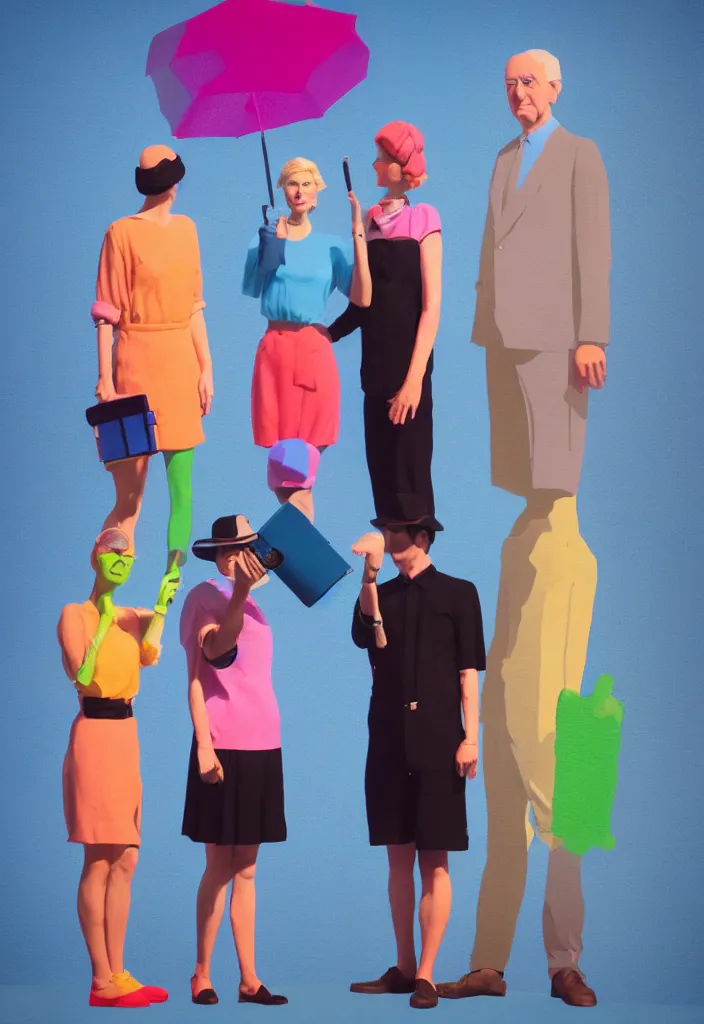 Image similar to full body portrait of a trio of european tourists with nikon cameras, various poses shooting photos, character designs painting, in the style of wes anderson, rene magritte, lola dupre, david hockney, isolated on white background, dark monochrome neon spraypaint accents volumetric octane render